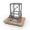 Industrial Metal Frame Structure On Wooden Platform With Crates And Pallets