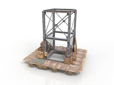Industrial Metal Frame Structure On Wooden Platform With Crates And Pallets 3d model