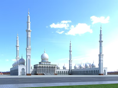 Islamic Religious Architecture With White Domes And Tall Minarets Under Blue Sky 3d model