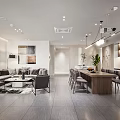 Modern Office Open Space Interior With Marble Counter Wooden Elements Hanging Lights And Bookshelves