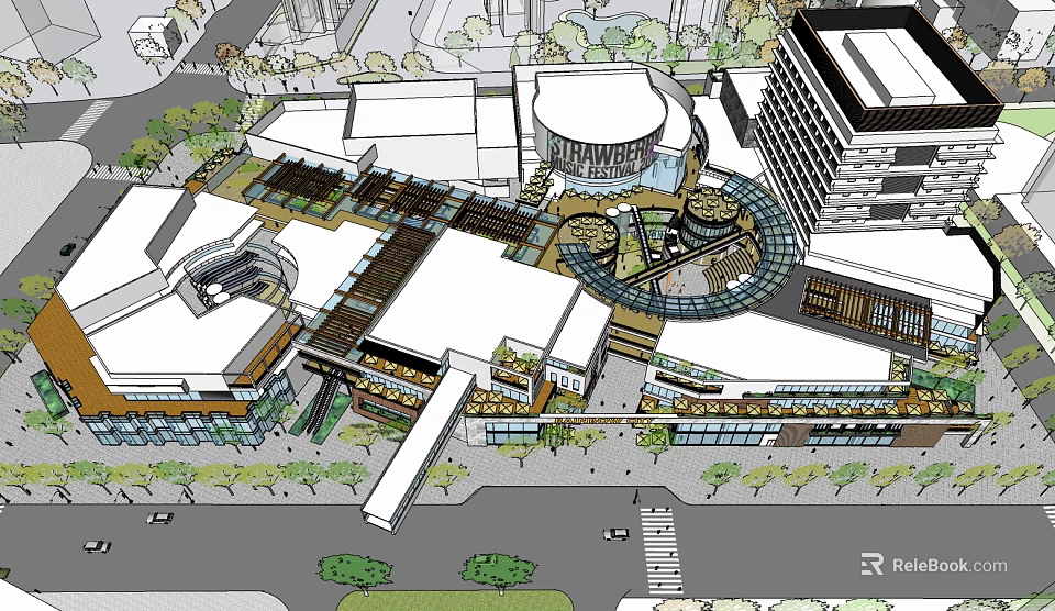Urban Modern Commercial Street With Contemporary Architecture Greenery And Covered Circular Walkway Plaza 3d model 