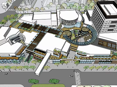 Urban Modern Commercial Street With Contemporary Architecture Greenery And Covered Circular Walkway Plaza 3d model