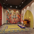 Religious Worship Space Featuring Yellow Arch Altar Table Candlesticks Incense Burners Mats And Colorful Murals