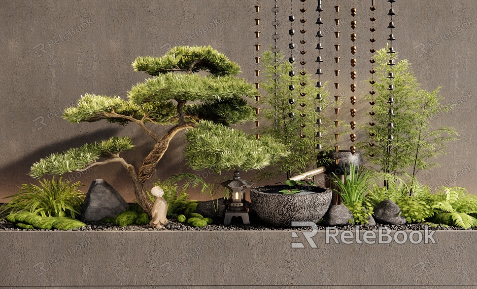 New Chinese Courtyard Landscape Sits Plant Landscape Landscape Rainwater Chain Waterscape PoHan Pine Moss Ferns Landscape Bamboo model