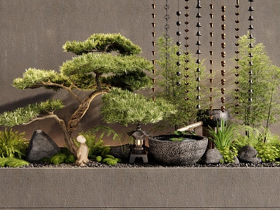 New Chinese Courtyard Landscape Sits Plant Landscape Rainwater Chain Waterscape PoHan Pine Moss Ferns Landscape Bamboo model