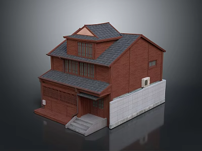 Traditional Japanese Two Story House With Red Wooden Exterior And Dark Tile Roof 3d model