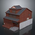 Traditional Japanese Two Story House With Red Wooden Exterior And Dark Tile Roof