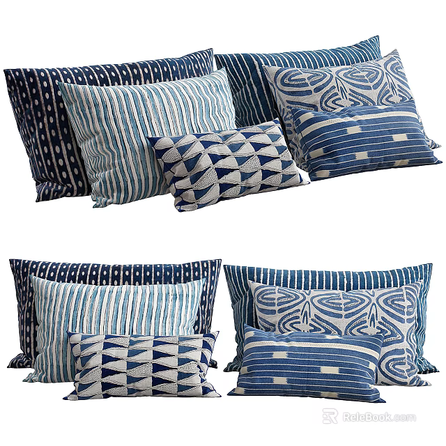 Set of Blue and White Throw Pillows Featuring Striped Geometric and Abstract Patterns 3d model 