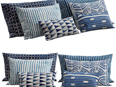 Set of Blue and White Throw Pillows Featuring Striped Geometric and Abstract Patterns 3d model