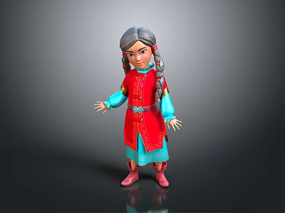 Little Girl in Traditional Red Costume with Blue Sleeves Gray Braided Hair and Red Shoes 3d model