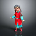 Little Girl in Traditional Red Costume with Blue Sleeves Gray Braided Hair and Red Shoes