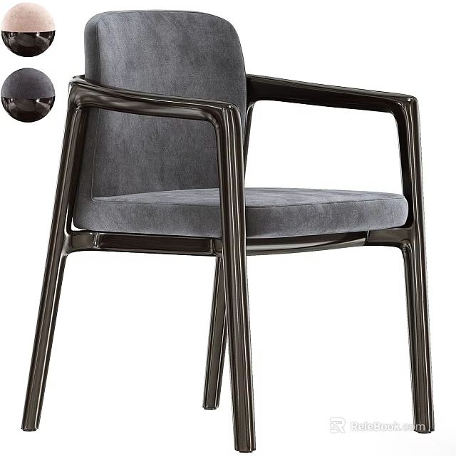 Modern Gray Dining Chair With Velvet Upholstery And Dark Metal Armrests 3d model 