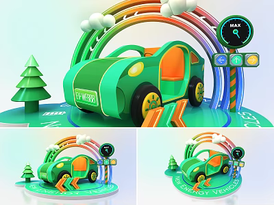 Cartoon Style Green Car With Rainbow Clouds Tree And Traffic Signs On Track 3d model