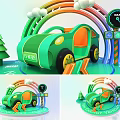 Cartoon Style Green Car With Rainbow Clouds Tree And Traffic Signs On Track