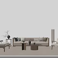 Modern Beige Sofa And Wooden Coffee Table Set With Decorative Cushions And Floor Lamp
