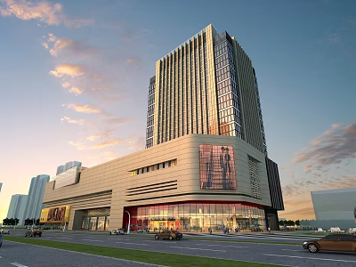Modern High Rise Commercial Complex with Glass Facade Retail Area and Sunset Sky View 3d model