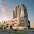 Modern High Rise Commercial Complex with Glass Facade Retail Area and Sunset Sky View