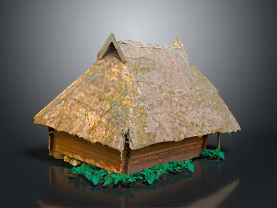 Traditional Thatched Roof Cottage With Wooden Structure And Green Foliage 3d model