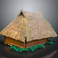 Traditional Thatched Roof Cottage With Wooden Structure And Green Foliage