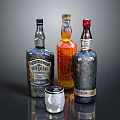 Various Colored Alcohol Bottles with Elegant Whiskey Glass on Dark Reflective Surface