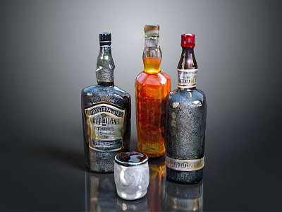Various Colored Alcohol Bottles with Elegant Whiskey Glass on Dark Reflective Surface 3d model