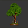 Green leafy tree with brown trunk and swing on circular base with small stones