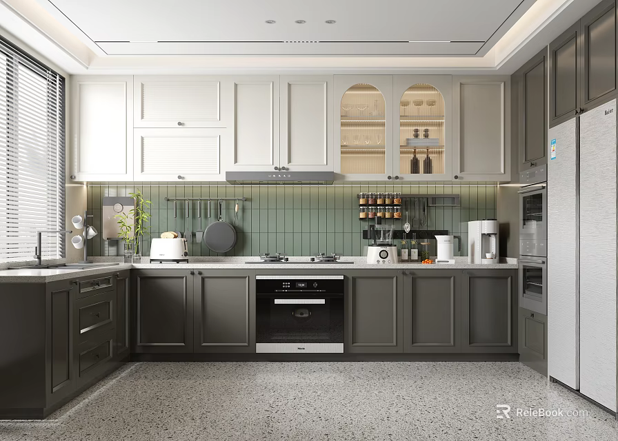 Modern Kitchen Interior Design With White And Dark Gray Cabinets Green Tile Backsplash And Appliances 3d model 