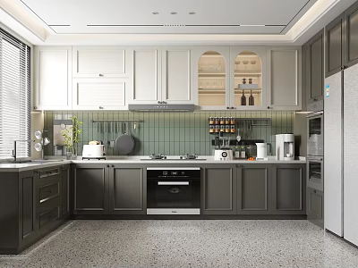 Modern Kitchen Interior Design With White And Dark Gray Cabinets Green Tile Backsplash And Appliances 3d model