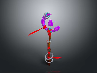 Enchanted Magic Staff With Purple Gems Red Ribbons And Silver Rings 3d model