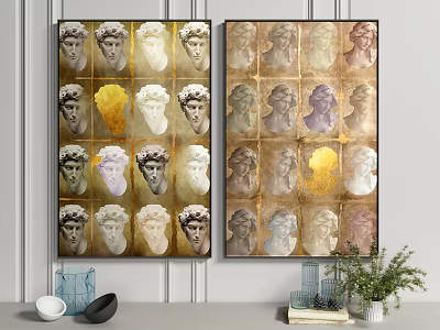 Decorative Paintings With Classical Sculpture Heads Gold Purple Accents And Decor Items 3d model