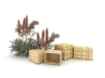 Rustic Decorative Setup With Stacked Hay Bales Open Wooden Crates And Green Plants 3d model