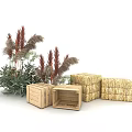 Rustic Decorative Setup With Stacked Hay Bales Open Wooden Crates And Green Plants