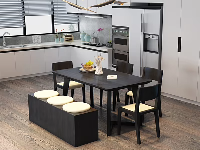 Modern Kitchen Dining Table Set With Black Table Chairs Bench And White Cushions 3d model