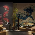 Traditional Japanese Restaurant Interior With Wooden Tables Lantern Lights And Red Fan Decorations
