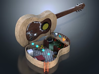 Creative Cartoon Guitar Shaped Scene With Mini Room Ladder And Colorful Lights 3d model
