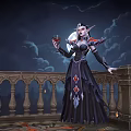Elven Woman In Dark Dress Standing On Balcony With Wine Glass And Full Moon