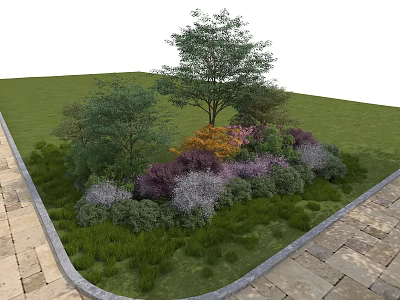 Colorful Garden Shrubs With Purple Pink And Orange Foliage In Landscaped Lawn With Stone Pathway 3d model
