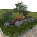 Colorful Garden Shrubs With Purple Pink And Orange Foliage In Landscaped Lawn With Stone Pathway