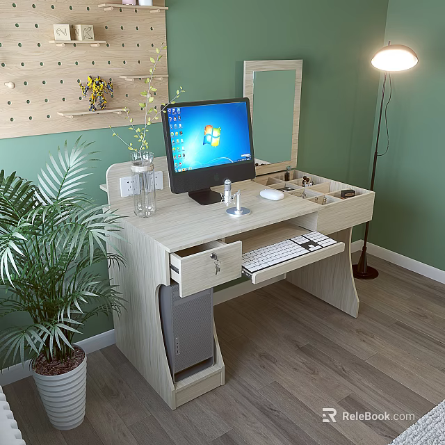 Modern Office Desk Setup With Computer Monitor Keyboard Mouse Green Plant And Wall Pegboard 3d model 
