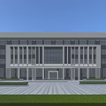 Modern White Office Building Exterior With Large Glass Windows Columns Front Entrance And Green Lawns