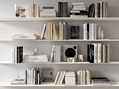 Stylish Bookshelf Display With Various Books Magazines And Decorative Items 3d model