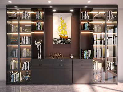 Modern Bookcase Interior Design With Glass Doors Books Decorative Sculptures And Lighting 3d model