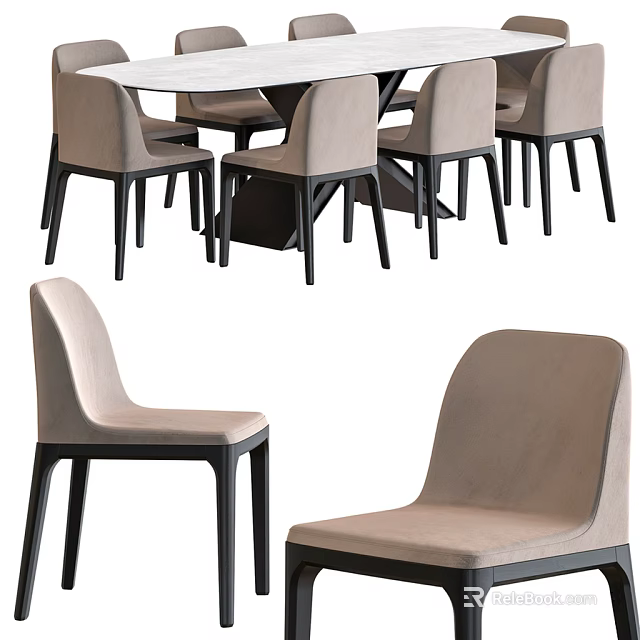 Modern Dining Table Set With Beige Upholstered Chairs And Black Legs 3d model