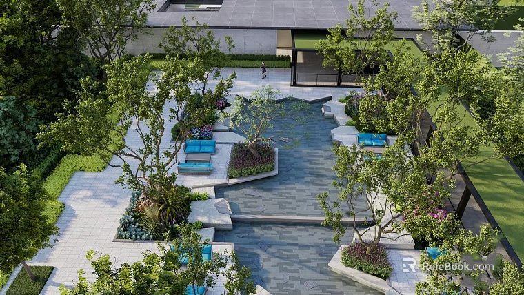 Serene Courtyard Garden With Lush Trees Water Feature Stone Pathway And Blue Seating 3d model 