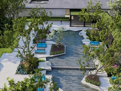 Serene Courtyard Garden With Lush Trees Water Feature Stone Pathway And Blue Seating 3d model