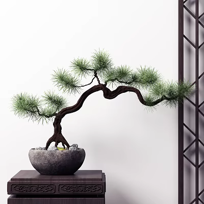 Curved Pine Bonsai With Green Foliage In Stone Pot On Wooden Table And Geometric Screen 3d model