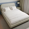 Light Colored Single Bed with White Sheets Two Pillows Nightstand Lamp and Striped Rug