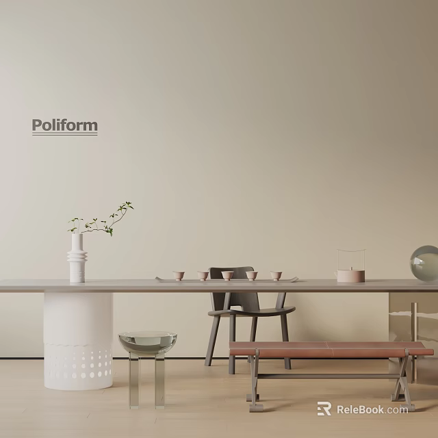 Poliform Tea Room Interior With Beige Wall Long Table White Vase Teacups And Bench 3d model