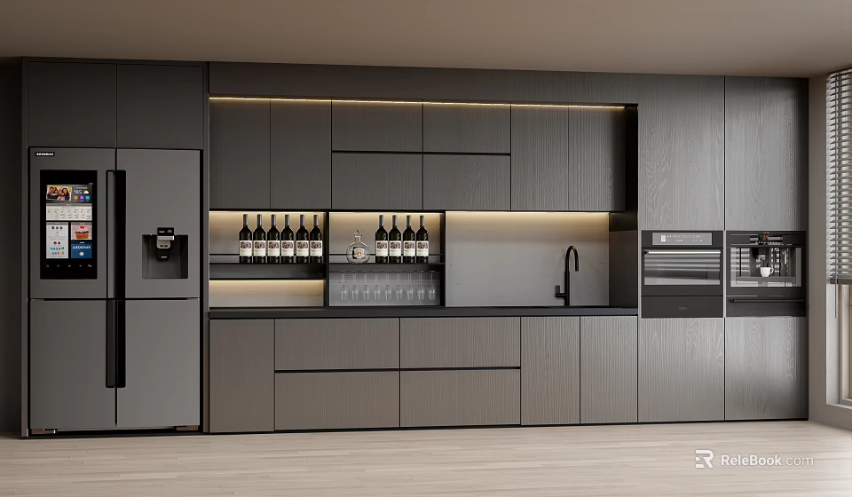 Modern Gray Kitchen Cabinets With Built in Lighting And Integrated Appliances 3d model 