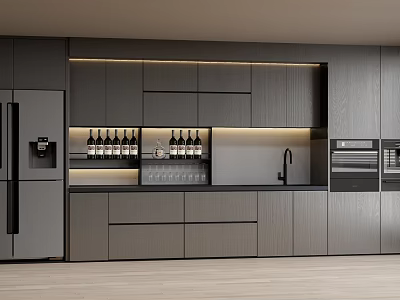 Modern Gray Kitchen Cabinets With Built in Lighting And Integrated Appliances 3d model